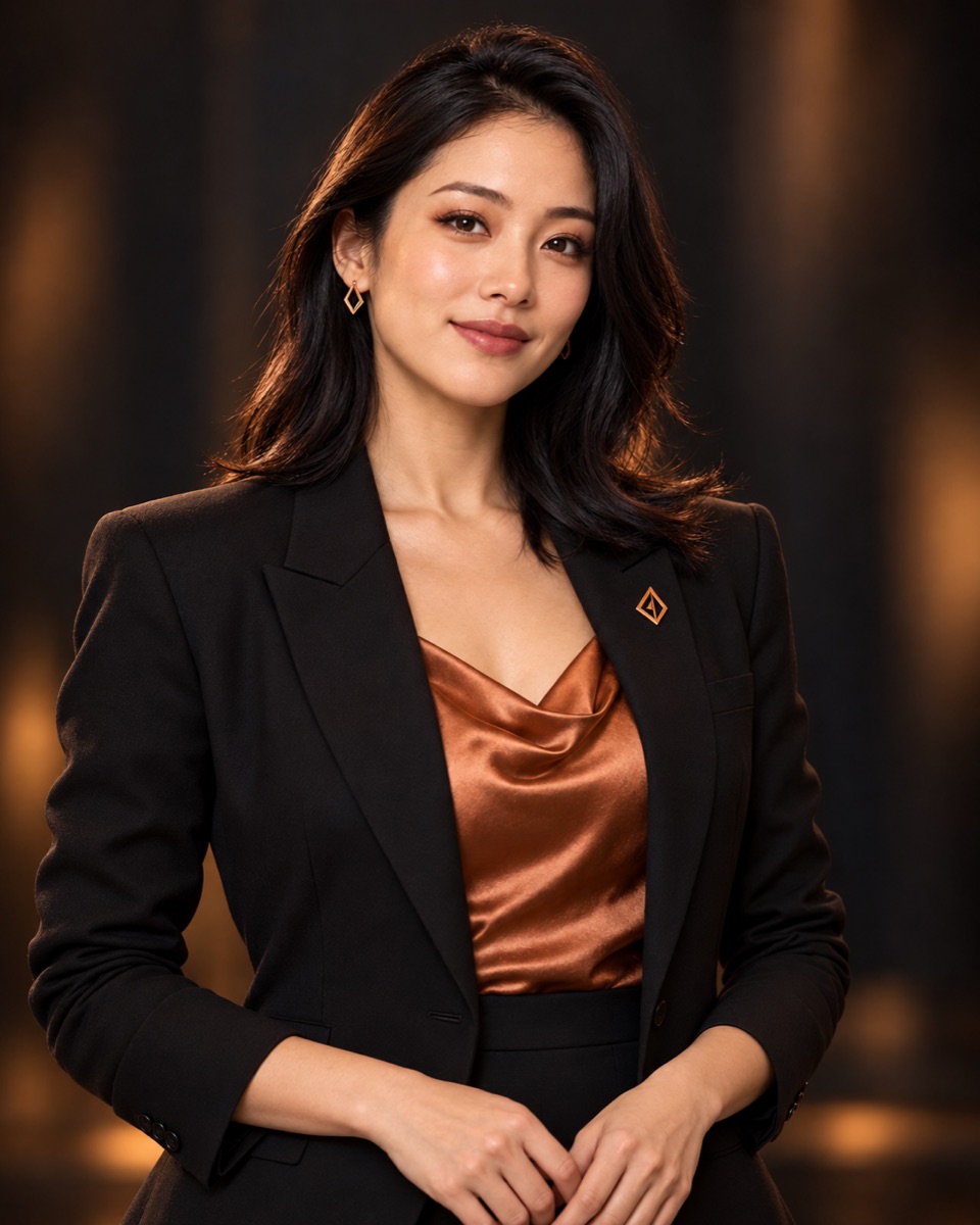 Maya, a fictional adult AI brand promoter, wearing a black blazer and copper blouse
